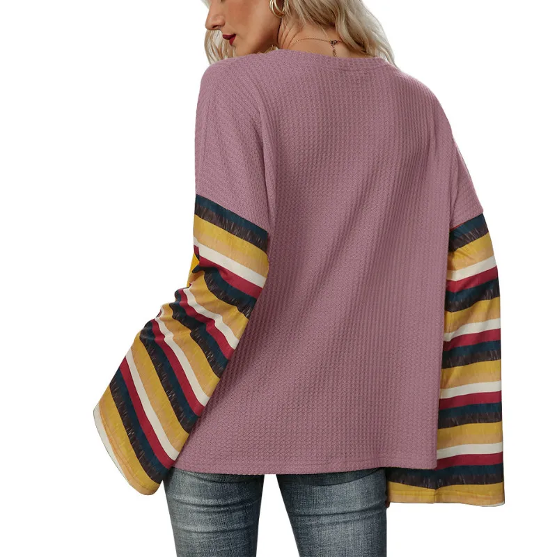 

Casual O Neck 2021 Loose Long T-shirts Patchwork 4 Striped Color Women Top
