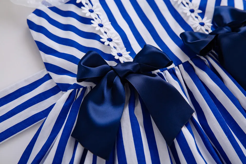 Cutestyles Cotton Vintage Summer Deep Blue Stripe Princess WeddingDresses For Baby Girls With Bow EG-DMGD203-C151 | Детская одежда и