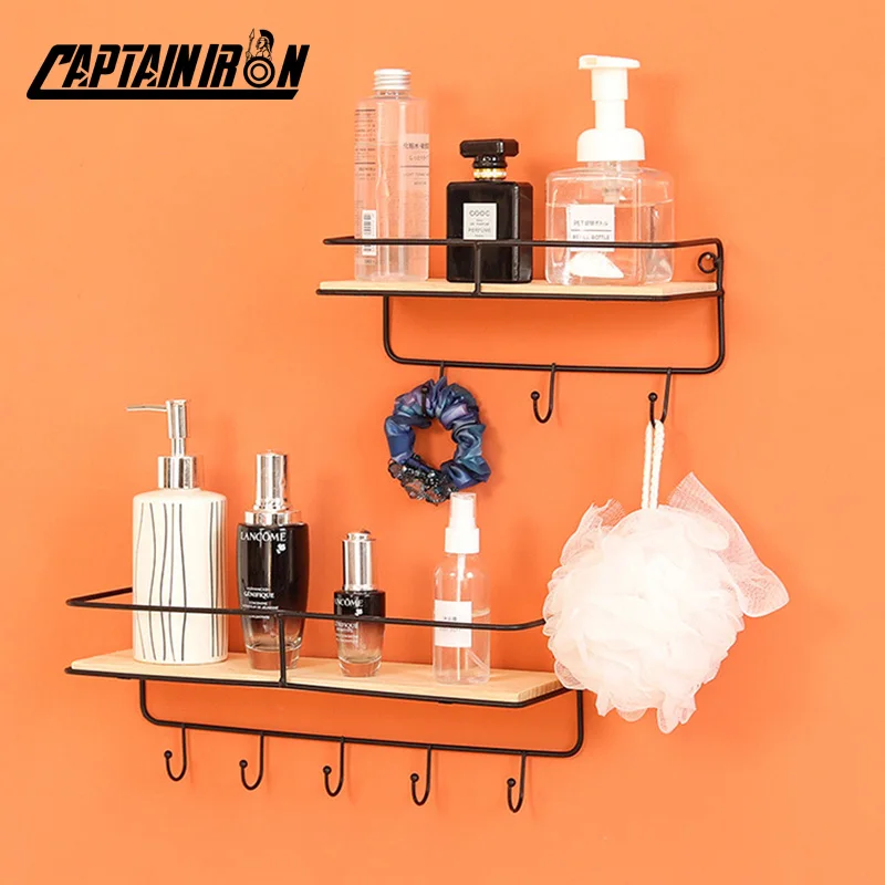 

CAPTAINIRON Decorative Wall Shelves With Hooks for Key Holder Home Storage Kitchen Bathroom Accessories Metal Decoration Shelf