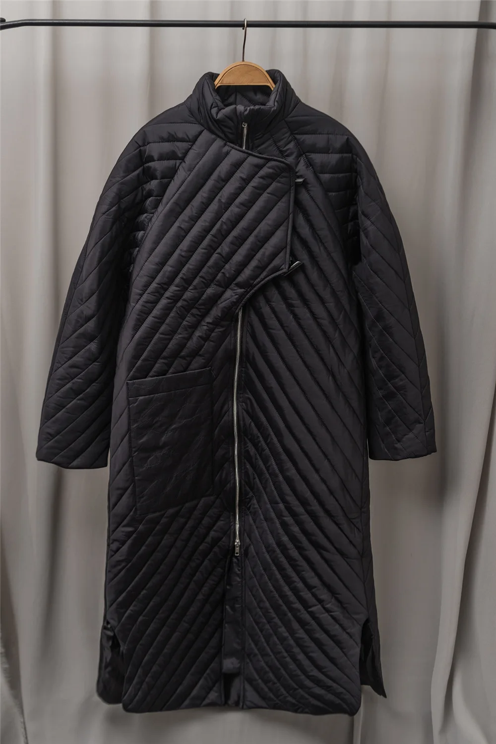 Winter clothes black zipper long cotton coat jacket check pattern cotton jacket coat cotton coat women