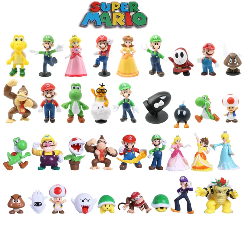 

18 шт./компл. Super Mario Bros люиджи Марио Wario Donkey Kong Yoshi Bowser Koopa Peach Goomba Kawaii аниме Модели игрушки подарки на день рождения