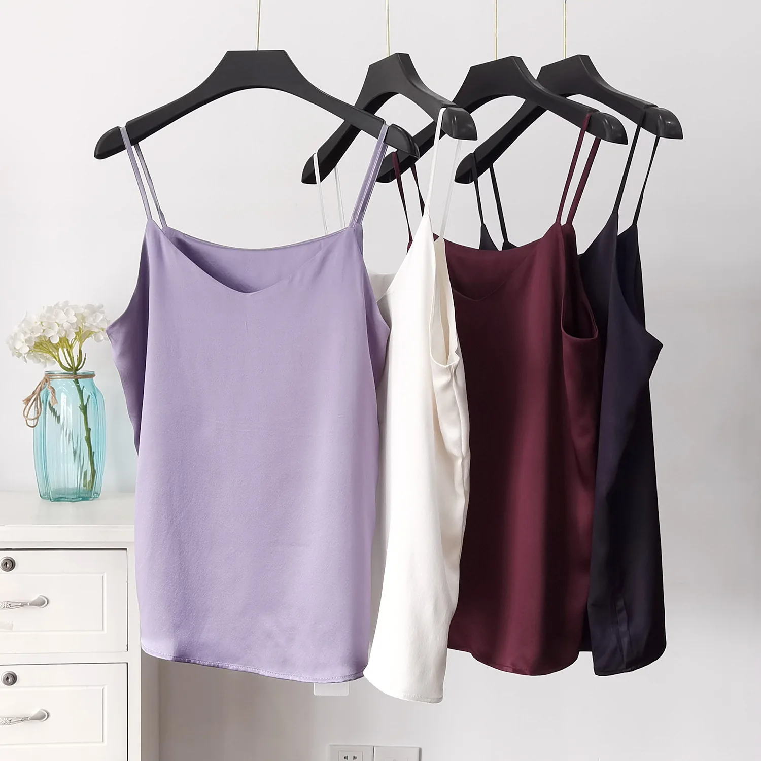

High-volume - Heavy-weight Satin 100% Mulberry Silk Sling Fashion Silk Women Tops Double Layer Silk Camisole Tank Top