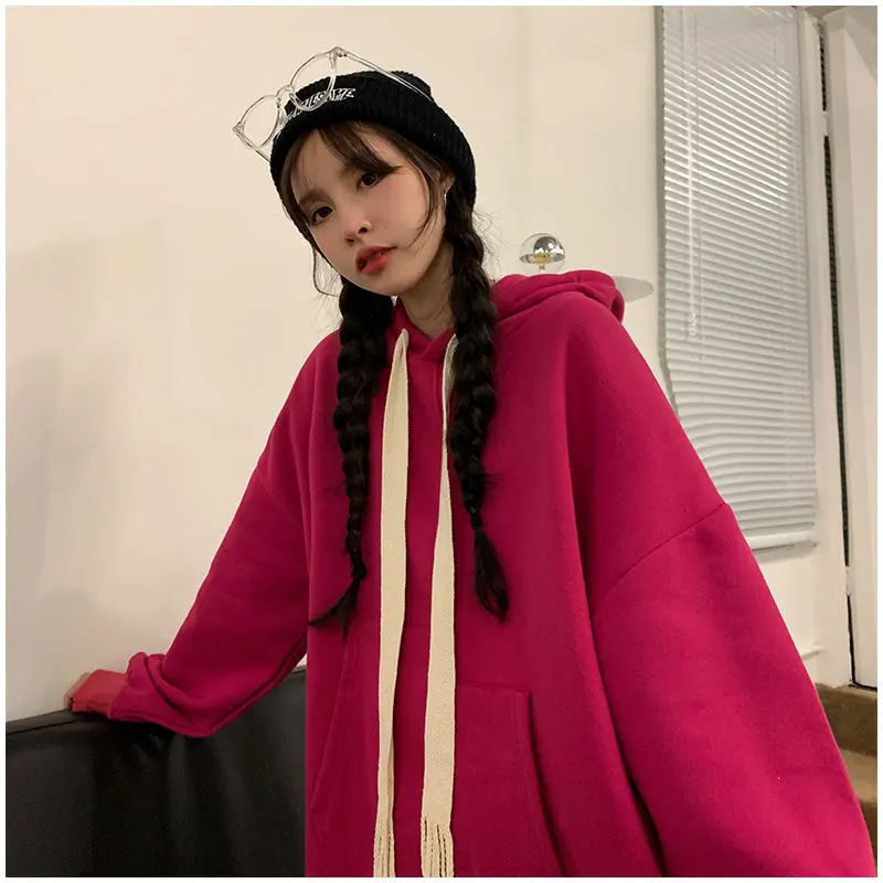 Plush Thick Thick Hooded Sweater Autumn and Winter New Leisure Long-sleeved Solid Color Loose Drawstring Sweater