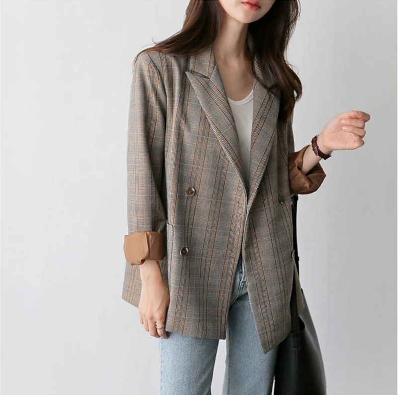 KINOMI винтажный клетчатый двубортный Женский блейзер осенний длинный рукав в