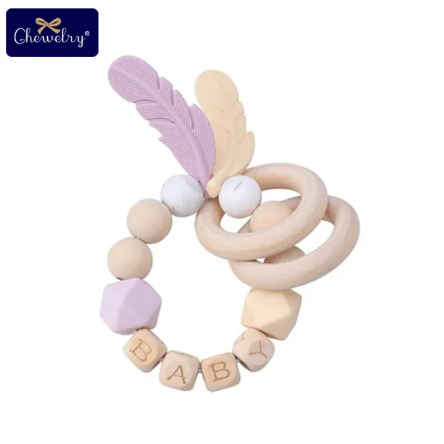 19CP0105 1 шт. детские игрушки Силиконовый браслет с перьями бука деревянные Прорезыватели для зубов DIY Детские Настраиваемые имя деревянные погремушки Прорезыватели грызунов - Цвет: 19CP0105