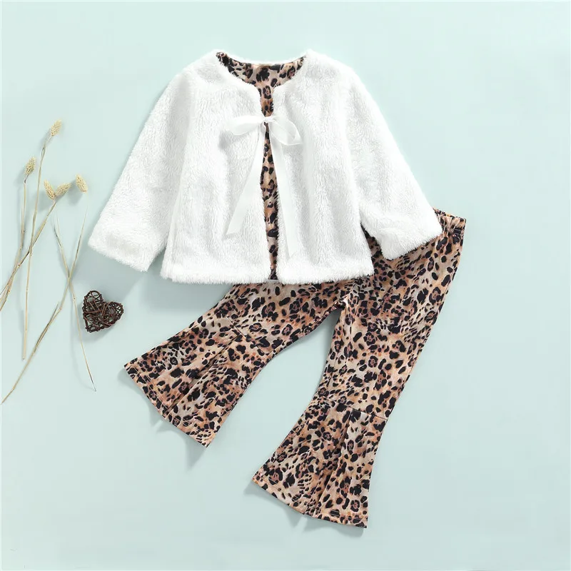 

2 Pieces Kids Suit Set, Leopard Print Long Sleeve Long Sleeve Cardigan+ Flared Trousers for Toddler Girls 2-7 Years