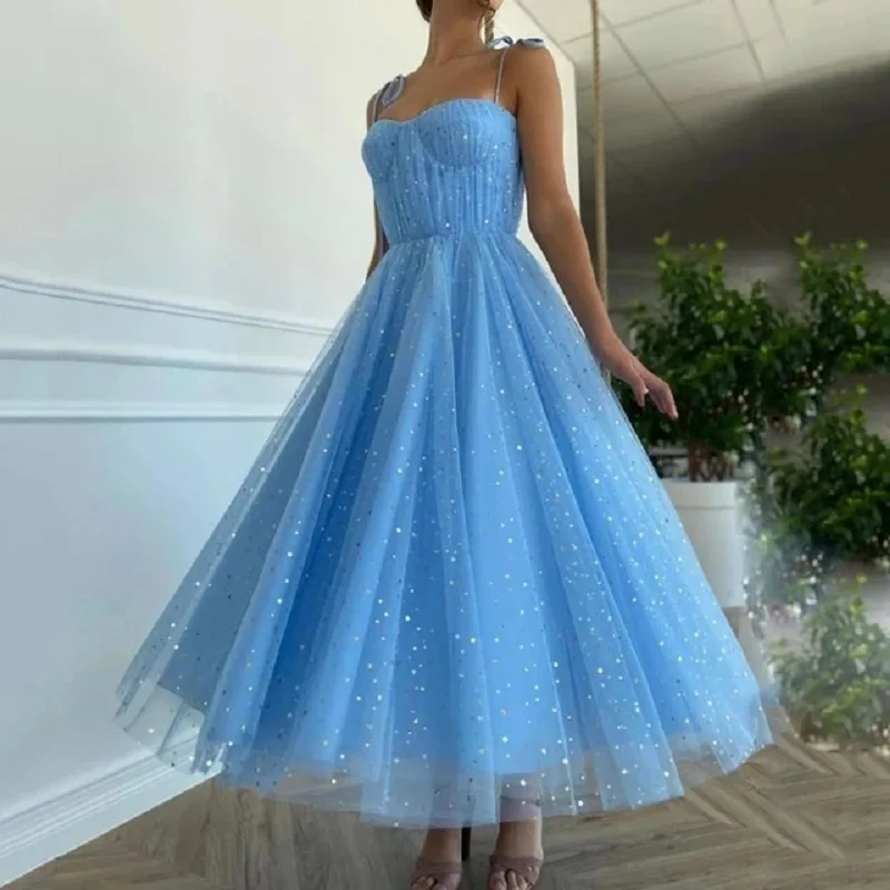 

2021 New Shiny Blue Tulle With Stars Sleeveless Evening Party Gowns A Line Spaghetti Straps Bow Tied Ankle Length Prom Dresses