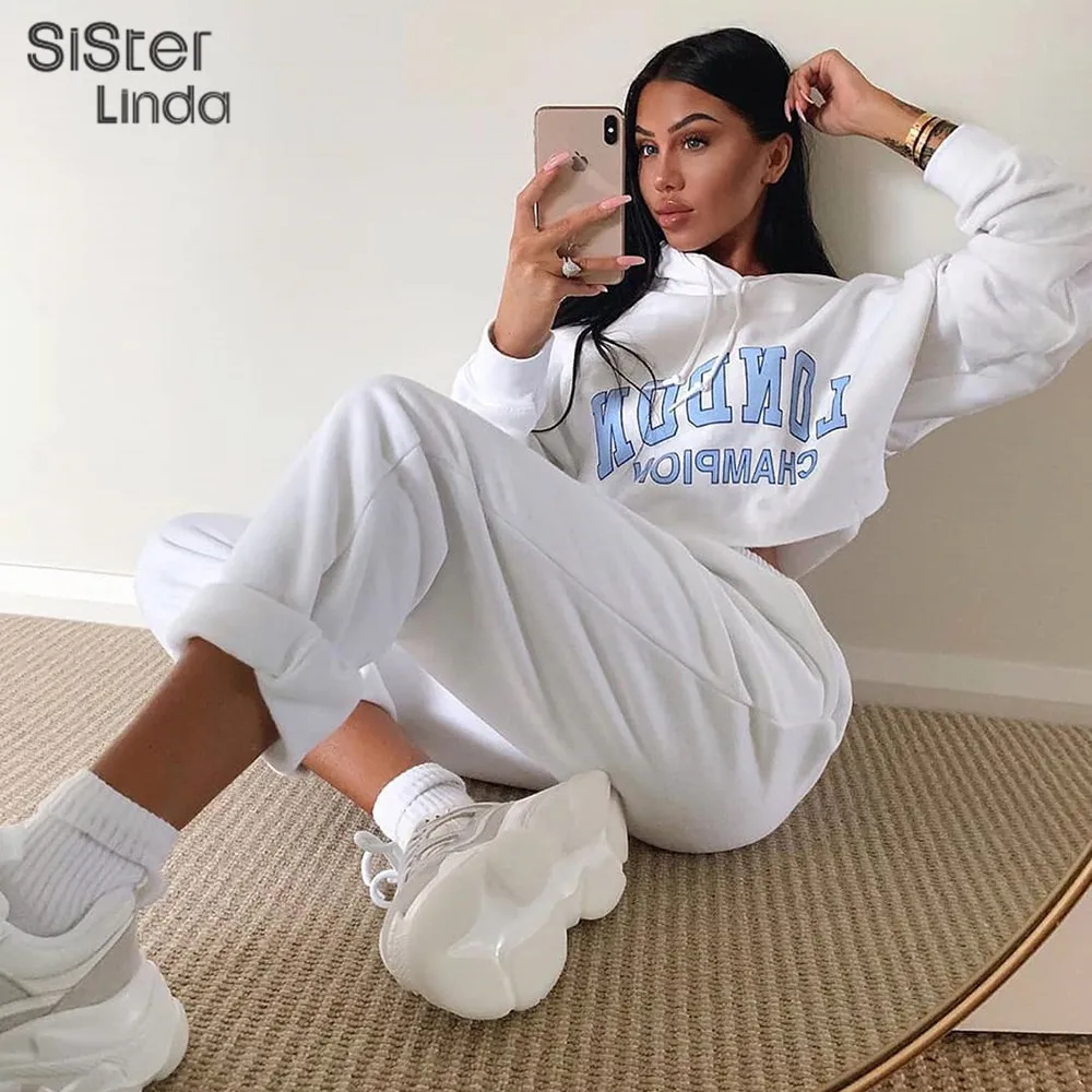 Белые женские толстовки Sisterlinda с буквенным принтом, новинка, Топ с длинным рукавом и капюшоном, женские укороченные пуловеры на завязках