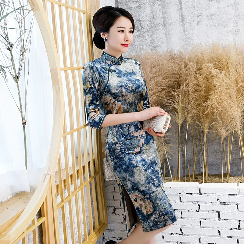 SHENG COCO L-4XL женские чонсамы банкетное платье гибкие бархатные цветы Qipao синий Шанхай женское элегантное китайское модное платье