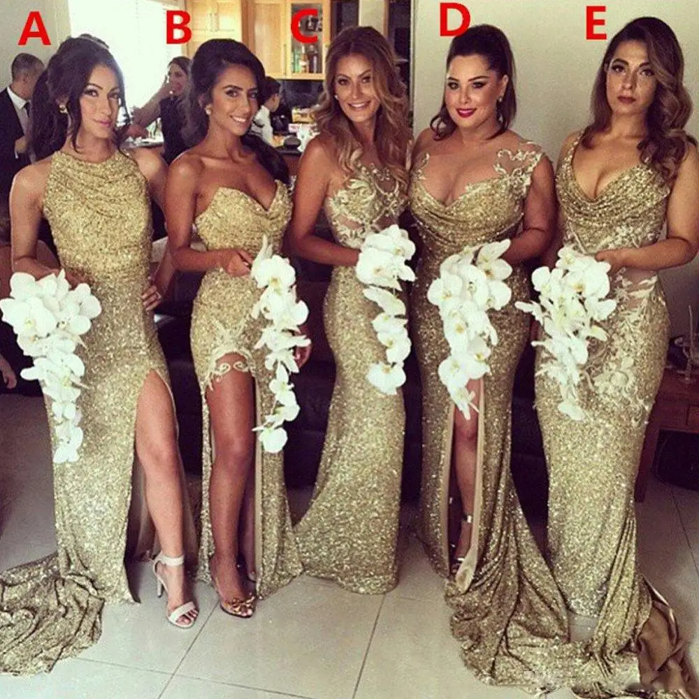 

2020 Sparkly Bling Gold Sequined Mermaid Bridesmaid Dresses Backless Slit Plus Size Maid Of The Honor Gowns Wedding Dress