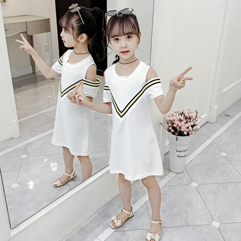 Girls College Wind Dress 2021 Summer New V-neck Off-the-shoulder Blouse White Black Small Fragrant 4 6 8 10 12 Year | Детская одежда и