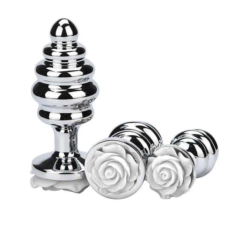 Small size rose flower thread shape Metal anal beads butt plug Silver alloy Jewelry insert unisex toy for mn female couple |