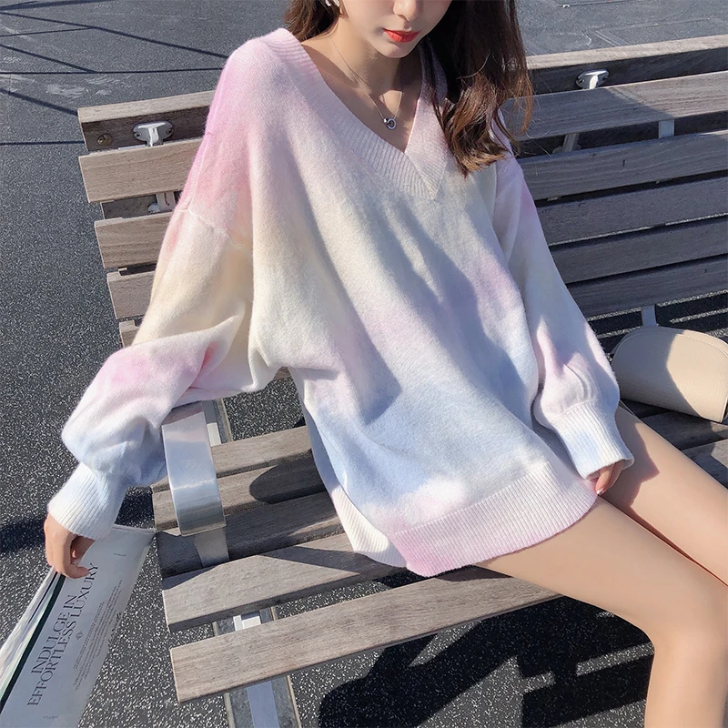 MISHOW Spring Autumn Rainbow Pink Sweater women V-neck Loose Long Sleeves Knit Pullover Over Size Outer Wear Tops MX19C5425 | Женская