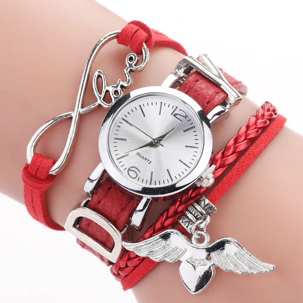 

Relojes de marca Duoya para mujer, pulsera de cuarzo con colgante de corazon de plata, correa de cuero, de lujo