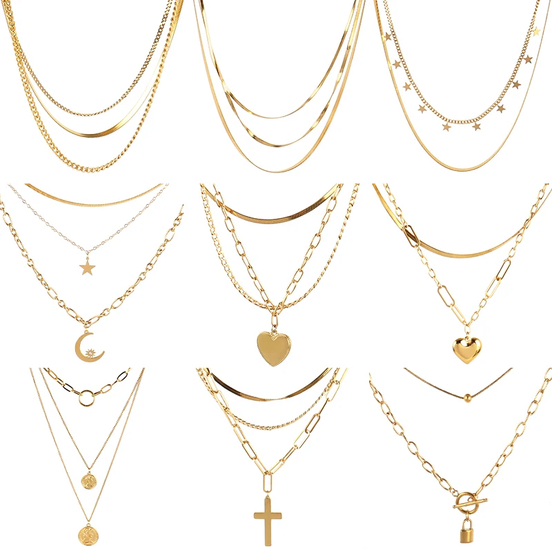 Многослойное ожерелье из нержавеющей стали в стиле панк для женщин с сердцем