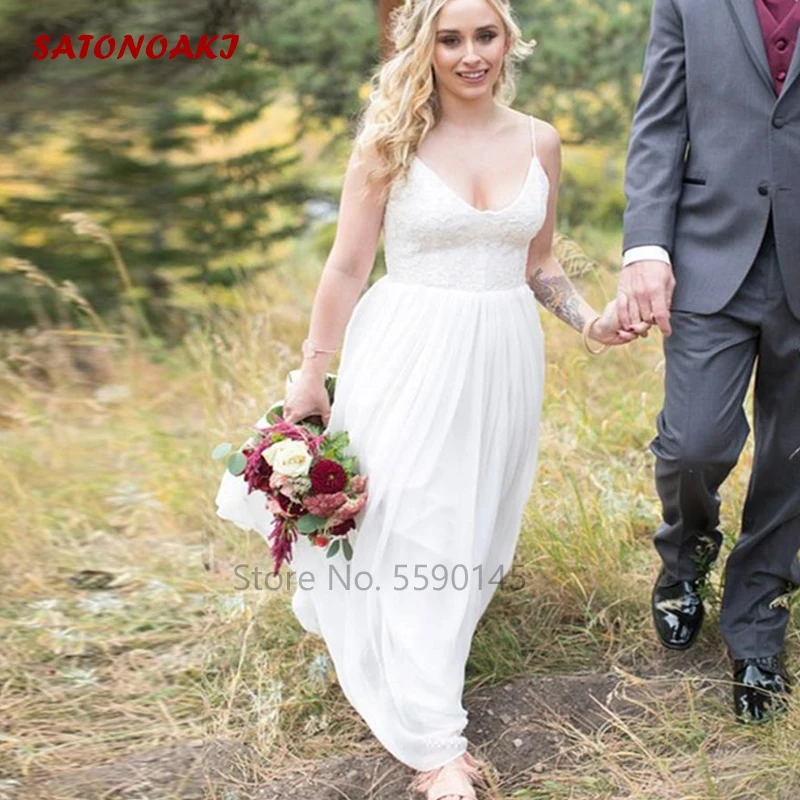 Пляжное кружевное шифоновое платье с v образным вырезом 2020 свадебное молнией