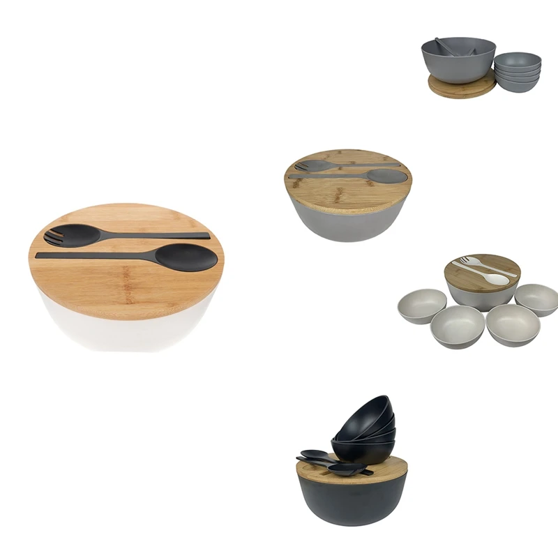 

LUDA Bamboo Fiber Salad Bowl Set - Mixing Bowls Solid Bamboo Salad Wooden Bowl With Bamboo Lid Spoon For Home