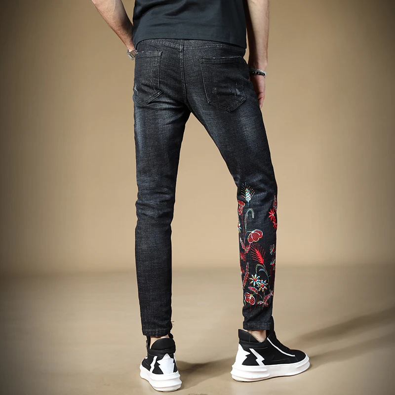 Бесплатная доставка новинка мужские черные джинсы с вышивкой 98% хлопок узкие