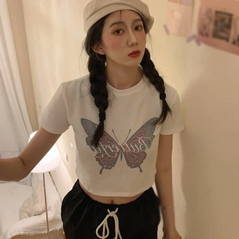 

Летняя футболка с коротким рукавом в Корейском стиле, модный универсальный Приталенный топ с круглым вырезом и принтом бабочки