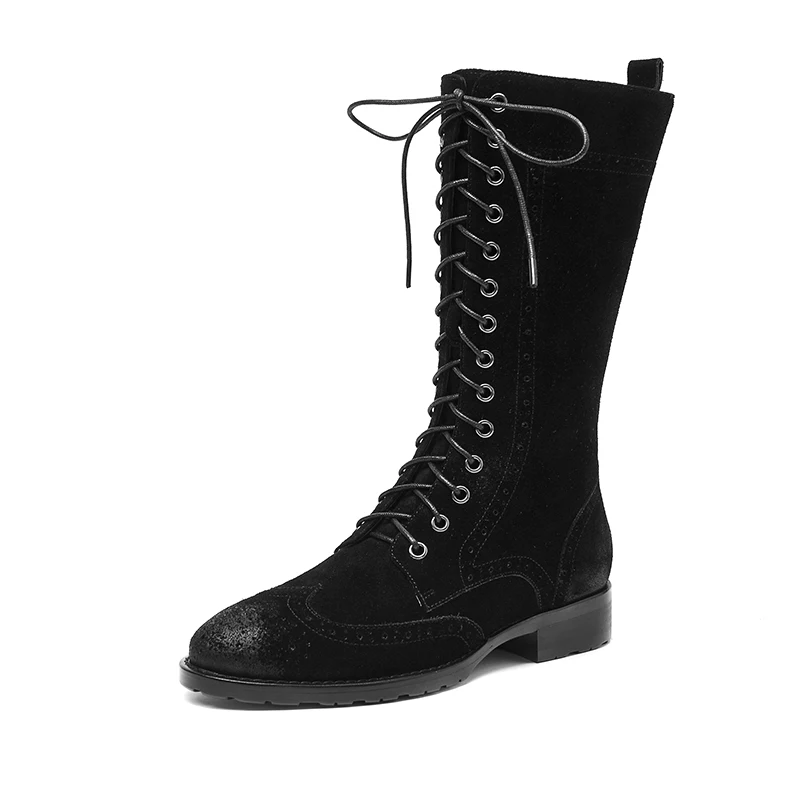 Black BeauToday/ботинки до середины икры; женские ботинки-Броги из коровьей замши с круглым носком на шнуровке; женские зимние сапоги из натуральной кожи ручной работы; 02023 - Цвет: Black