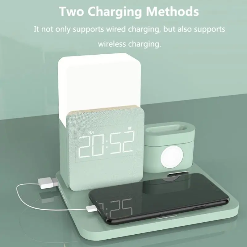 

3 In 1 Multi-Function Qi Wireless Charger Stand For Apple Watch Airpods IPhone Table Lamp Time Alarm Clock Fast Charger Station
