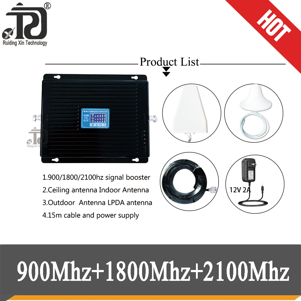

75dB Gain 2G 3G 4G Tri Band Signal Booster 900 1800 2100mhz Cellular Signal Repeater GSM UMTS LTE Cellphone signal amplifier 4G