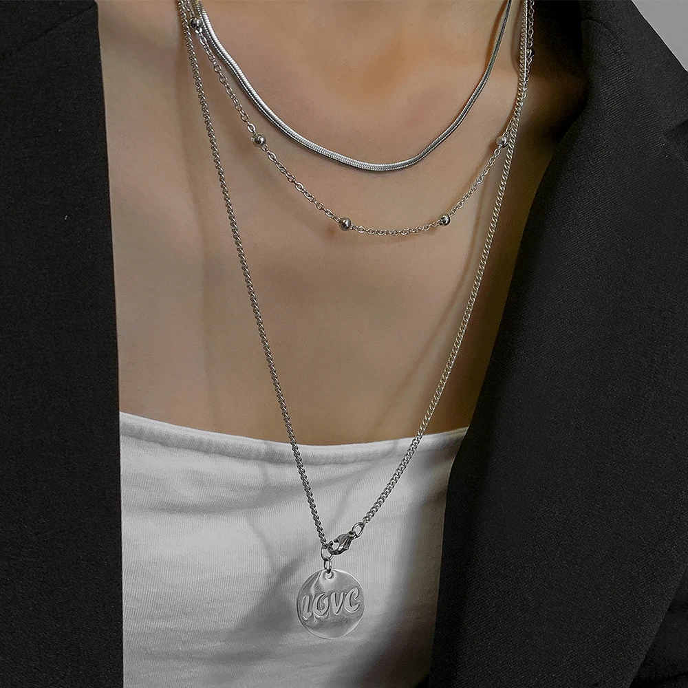 

Lacteo Neo Gothic Stainless Steel Love Pendant Necklace For Women 2021 Fashion Trendy Multi Layered Chain Choker Necklace