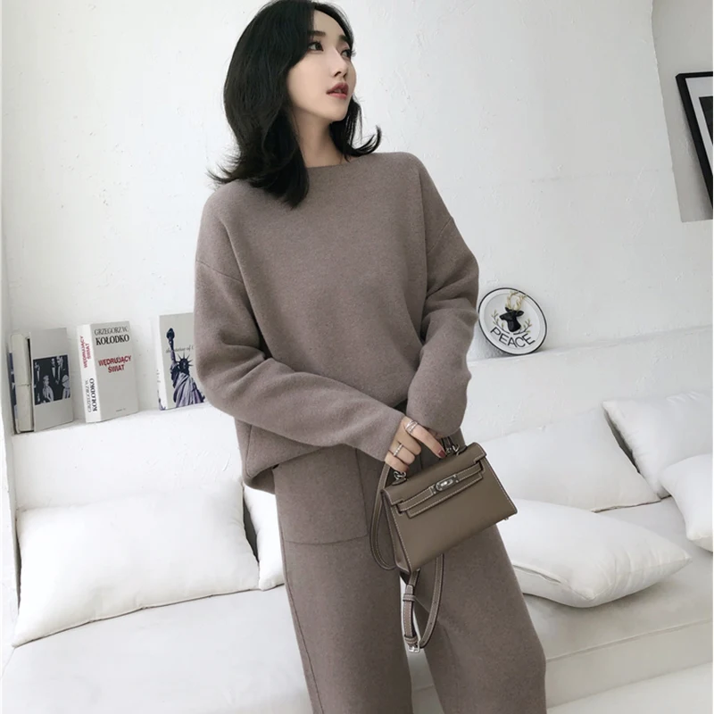 Gray Women Outfits Cashmere Sweater Two Piece Sets Tracksuit Autumn Winter Fashion Sweatsuits Sport Suit Female Knit Pant Set - Цвет: Gray