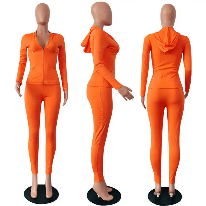 

Neon Green Orange Women Two Piece Sets Long Sleeve Zipper Hooded Sweatshirt Tops and Tight Pants Female Jogger Casual Sweatsuit