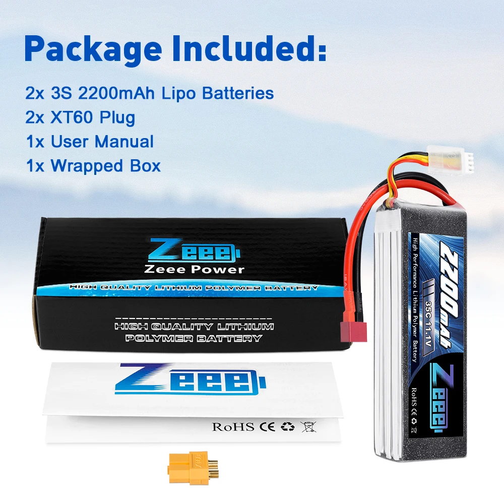 2 шт. Zeee 2200mAh 3S 11,1 V 35C LiPo батарея с Deans Разъем XT60 для радиоуправляемого квадрокоптера Дрон лодка самолет