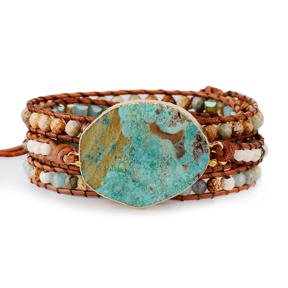 

Women Leather Bracelet Unique Mixed Natural Stones Charm 5 Strands Wrap Bracelets Handmade Boho Bracelet Fashion Jewelry