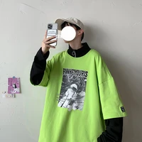 japanese streetwear green astronaut printed fake two piece sweater mens oversized t shirt basic top coat label zipper pullover