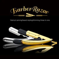 gold plating fashioned manual razor mens shaving haircut carving beard styling trimming three in one hairdressing tool holder
