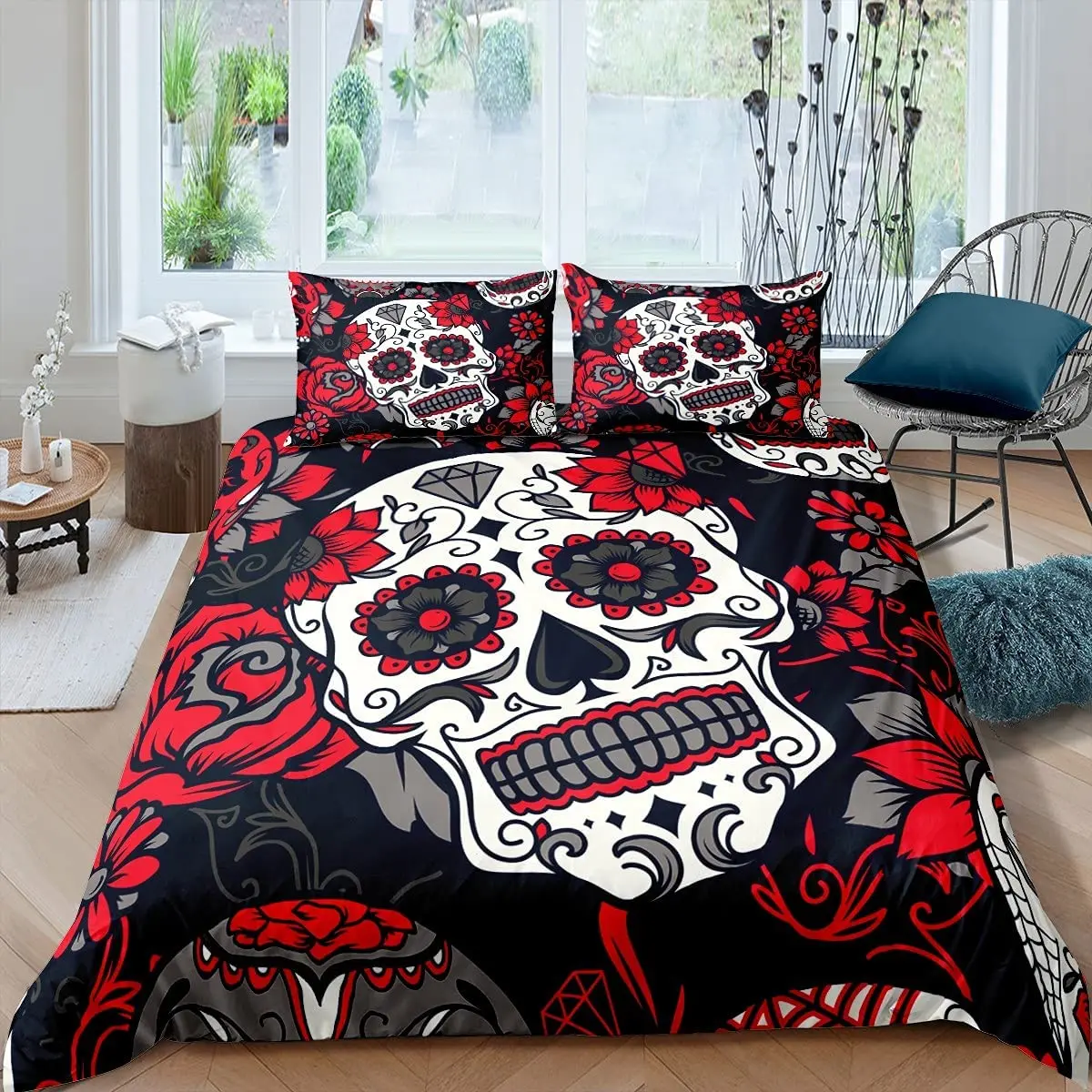 

Skull Comforter Cover Set Death Skull Duvet Cover for Boys Girls Skeleton Bedding Set Decor Bedspread Red Rose With Pillocase