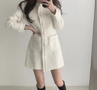 2021 korean slim pocket single breasted o neck long sleeve fringed tweed dress mini robe vestido de mujer fashion autumn woolen