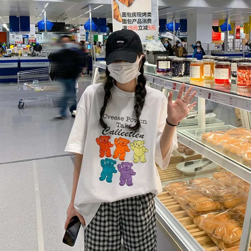 

Sakurada Kawashima 2021 Summer New Colorful Bear Printed Ins Korean Style Loose All-Matching Short Sleeve T-shirt Top Women