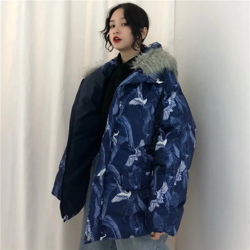 Woherb Harajuku куртки зимняя женская стеганая парка винтажный кран печати свободная японская стеганая куртка с капюшоном Femme Chaqueta Mujer