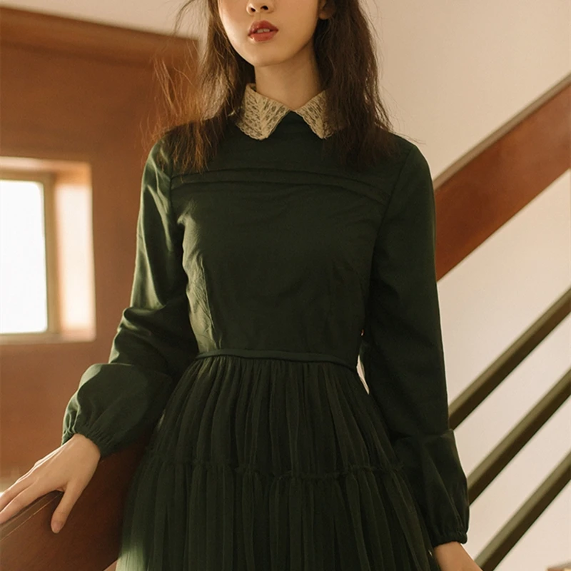 

YAMDI women ball gown dress vintage bohemian elegant chic high waist a-line long sleeve 2020 spring autumn patchwork mesh dress