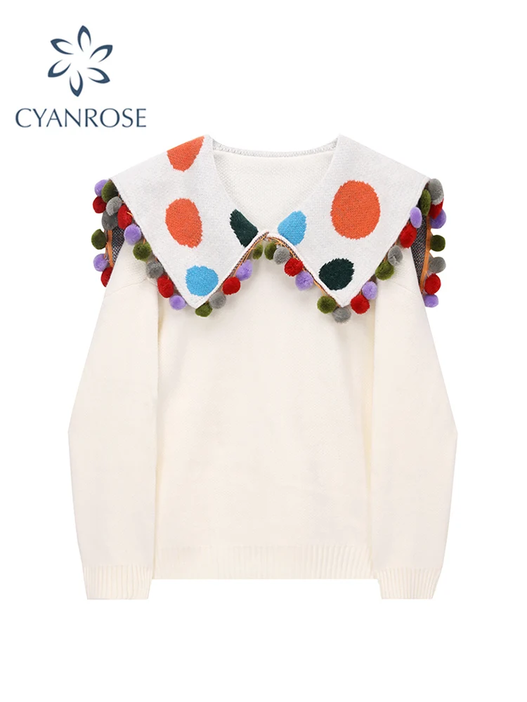 

Women's Vintage Sweater Pullovers Cute Sweet Casual Peter Pan Collar Winter Fashion Female Oversized Loose Knitwear Jumper Tops