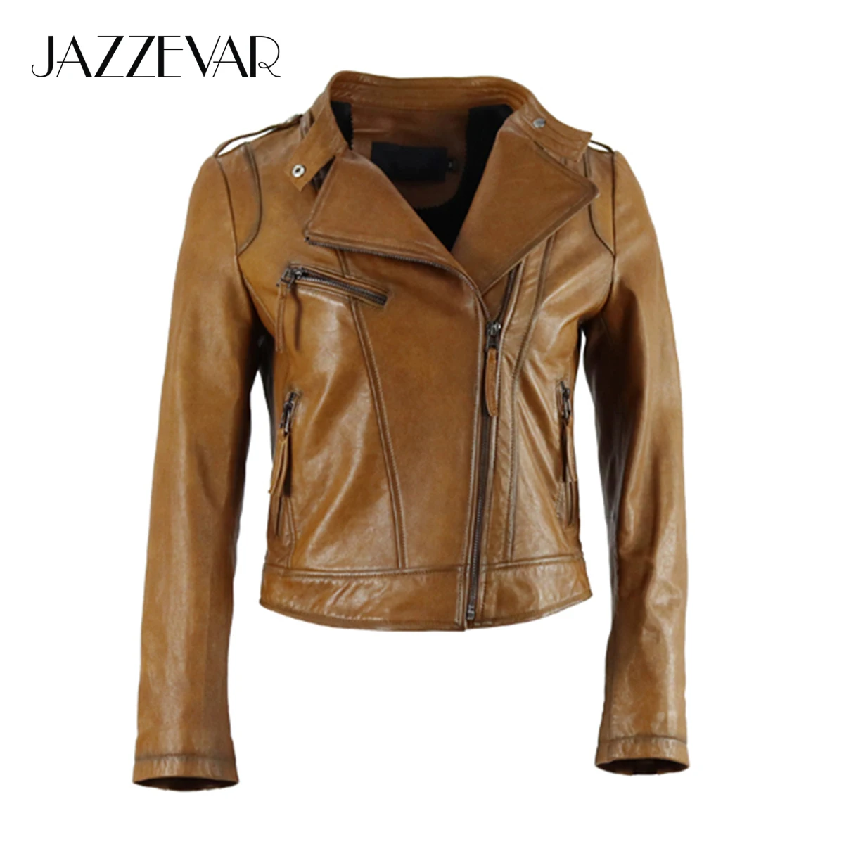 JAZZEVAR 2023 New High Fashion Street Women Real Sheep Skin Leather Jacket Ginger color Genuine Leather short Motorcycle Jackets