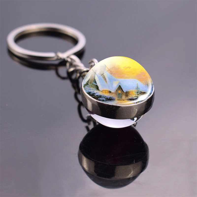 snow house keychain double sides christmas tree glass ball key chain car keyring christmas gift free global shipping