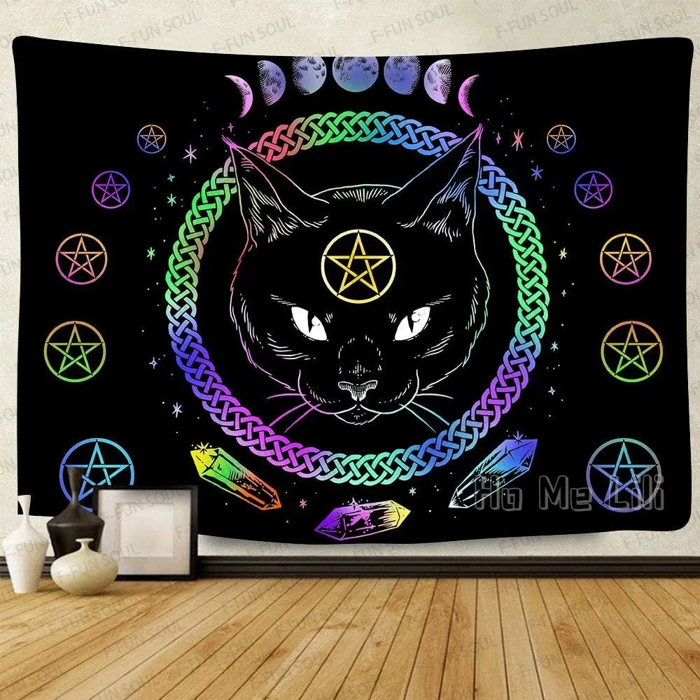 

Mysterious Divination Black Cat Witchcraft Tapestry Eclipse Colorful Art Wall Hanging For Living Room Bedroom Decor