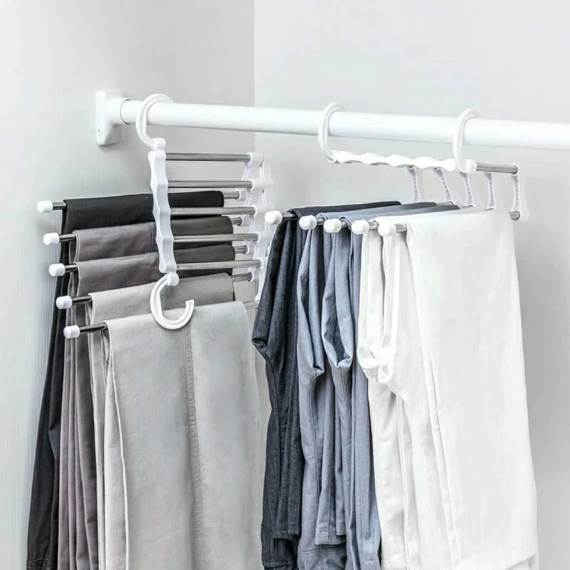 

Multi-Functional 5 In 1Stainless Steel Pants Rack Retractable Hanger Scarf Shelf Home Bedroom Wardrobe Trousers Storage Bracket