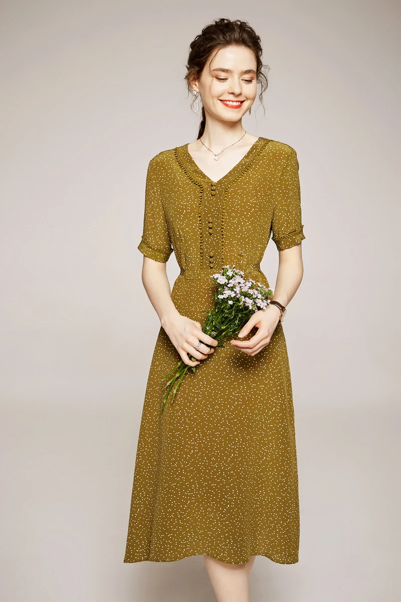 

100% Silk Women's Runway Dress Sexy V Neck Short Sleeves Dots Printed Fashion Casual Mid Dresses with Belt
