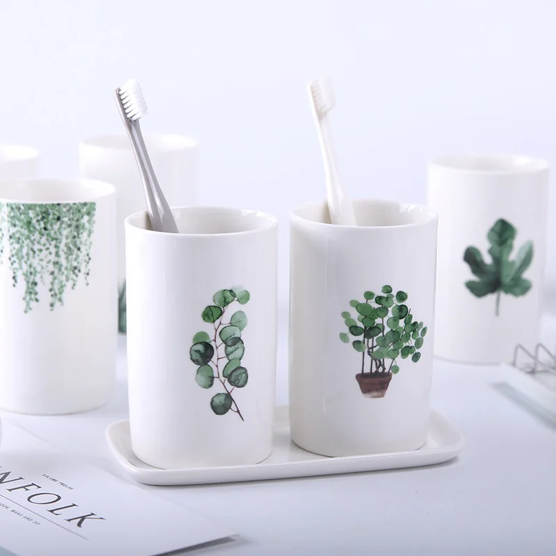 

Nordic Green Plant Ceramic Cup Couple Mouthwash Cups Set Toothpaste Toothbrush Holder Tooth Cylinder Water Mug Bathroom Tumblers