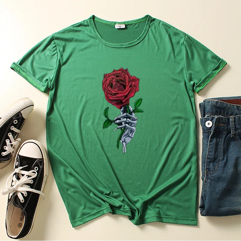 

Skull Hand Red Rose Print T Shirt Women Short Sleeve O Neck Loose Tshirt Summer Women Causal Tee Shirt Tops Camisetas Mujer