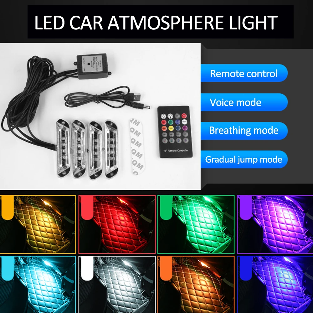 

One Tow Four LED Strip Light Colors For Cars Running Lights Car Accessories Interior Remote Control Ambient Atmosphere Lamps