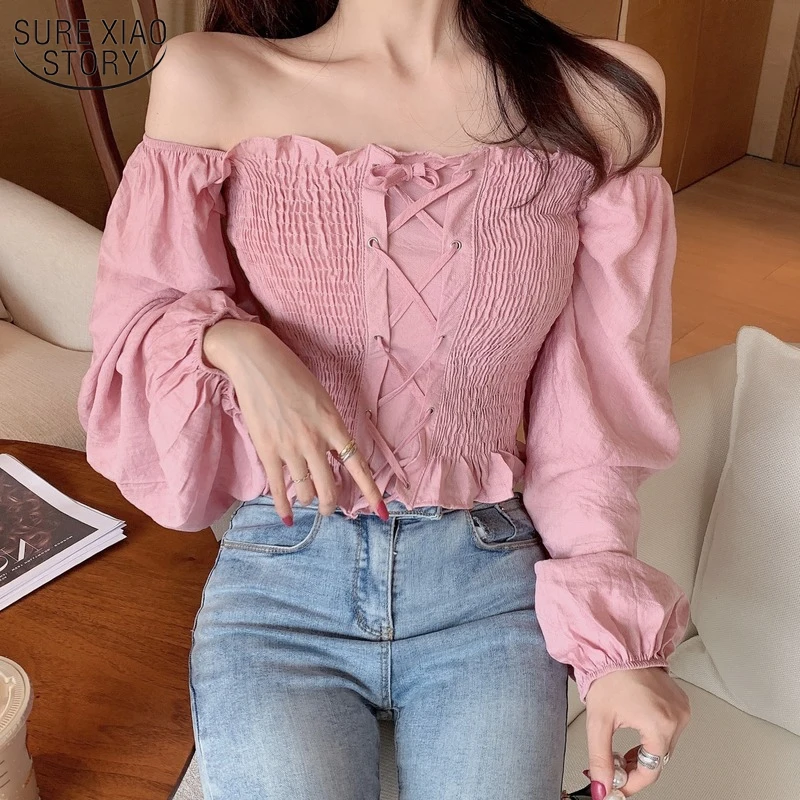 

Crop Top For Female Girls Sweet Ruffles Slash Neck Full Lantern Sleeve Cropped Blouse Women's Solid Lace Up Ruffled Blouse 10160