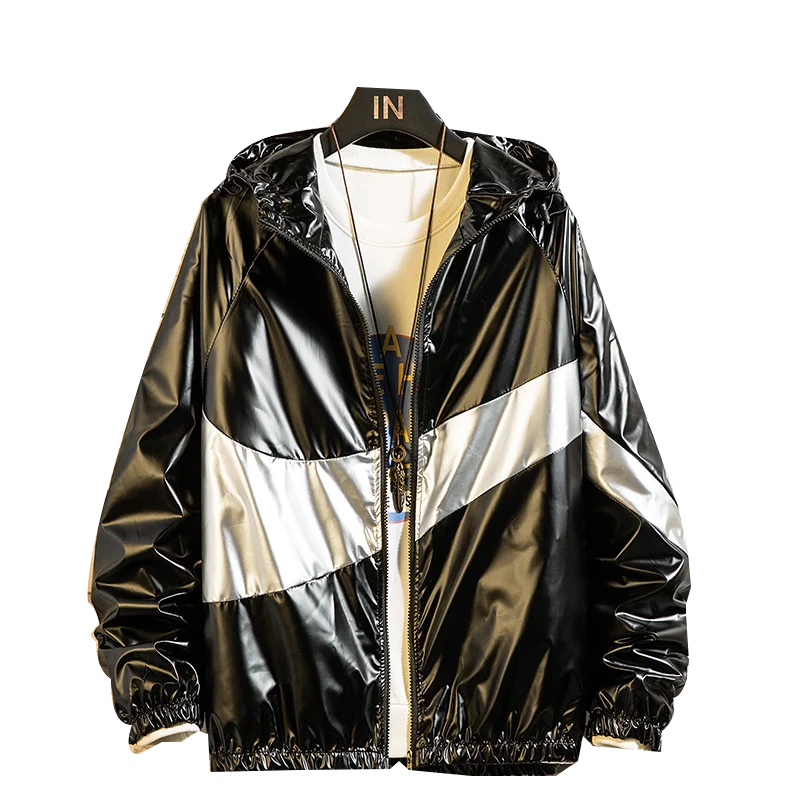 

New Winter Add cotton to keep warm jacket men harajuku windbreaker jackets hooded hip-hop streetwear night shiny zipper coats