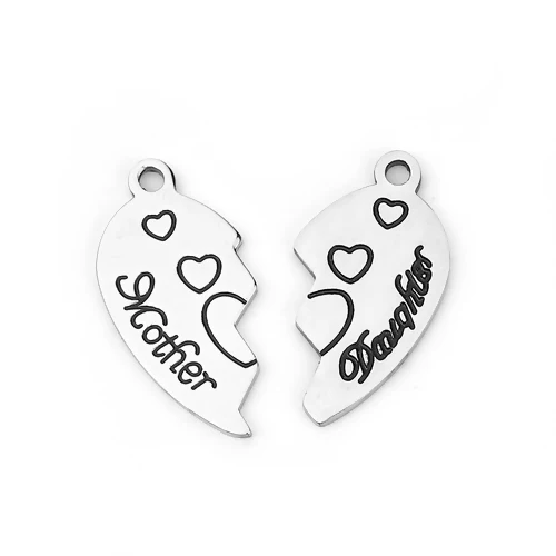

Hot Sell 201 Stainless Steel Charms Broken Heart Silver Color Message "Mother & Daughter" 25mm x12mm 24mm x13mm,1 Set